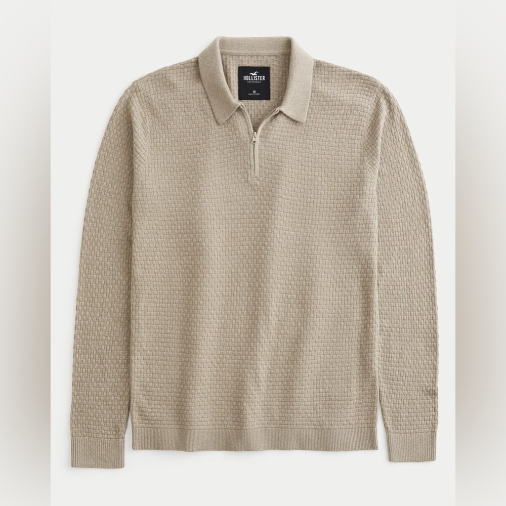 Men's Natural Textured Long-sleeve Jumper Polo